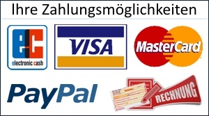 Sie knnen mit EC, Masterkarte, VISA, PayPal, berweisung, Vorkasse und per Rechnung bezahlen